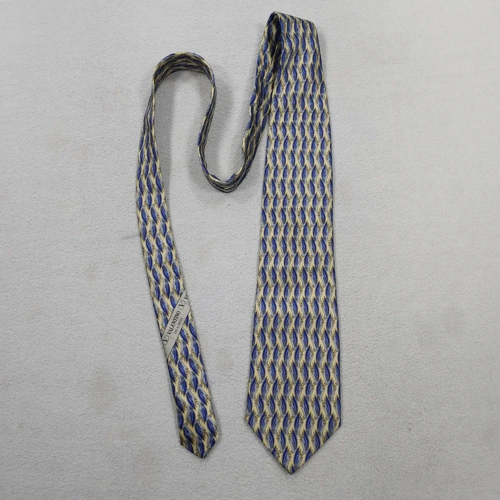 Valentino Cravatte Tie Mens Blue Beige Abstract Feather 100% Silk Italy Necktie